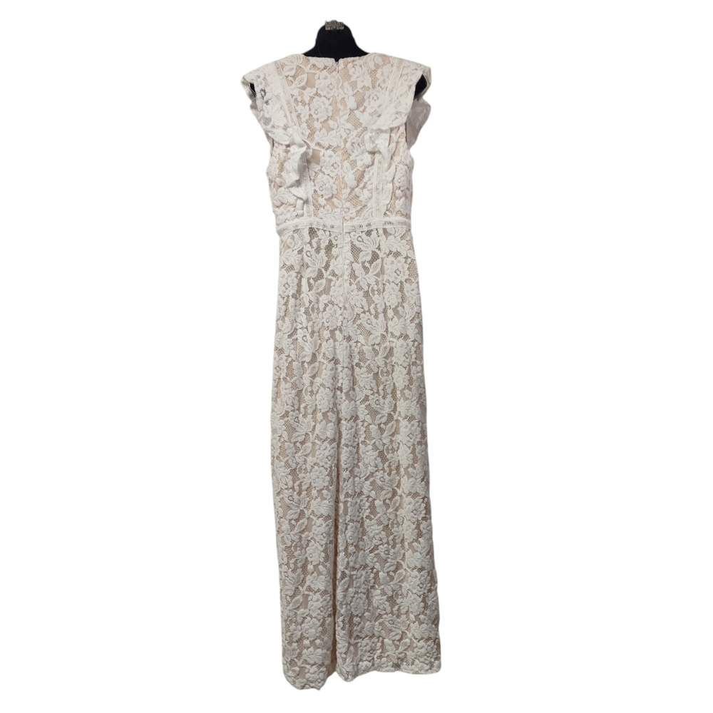 Lulus White Floral Lace Maxi Dress Size L V-Neck Flutter Sleeve Front Slit - Picture 4 of 14